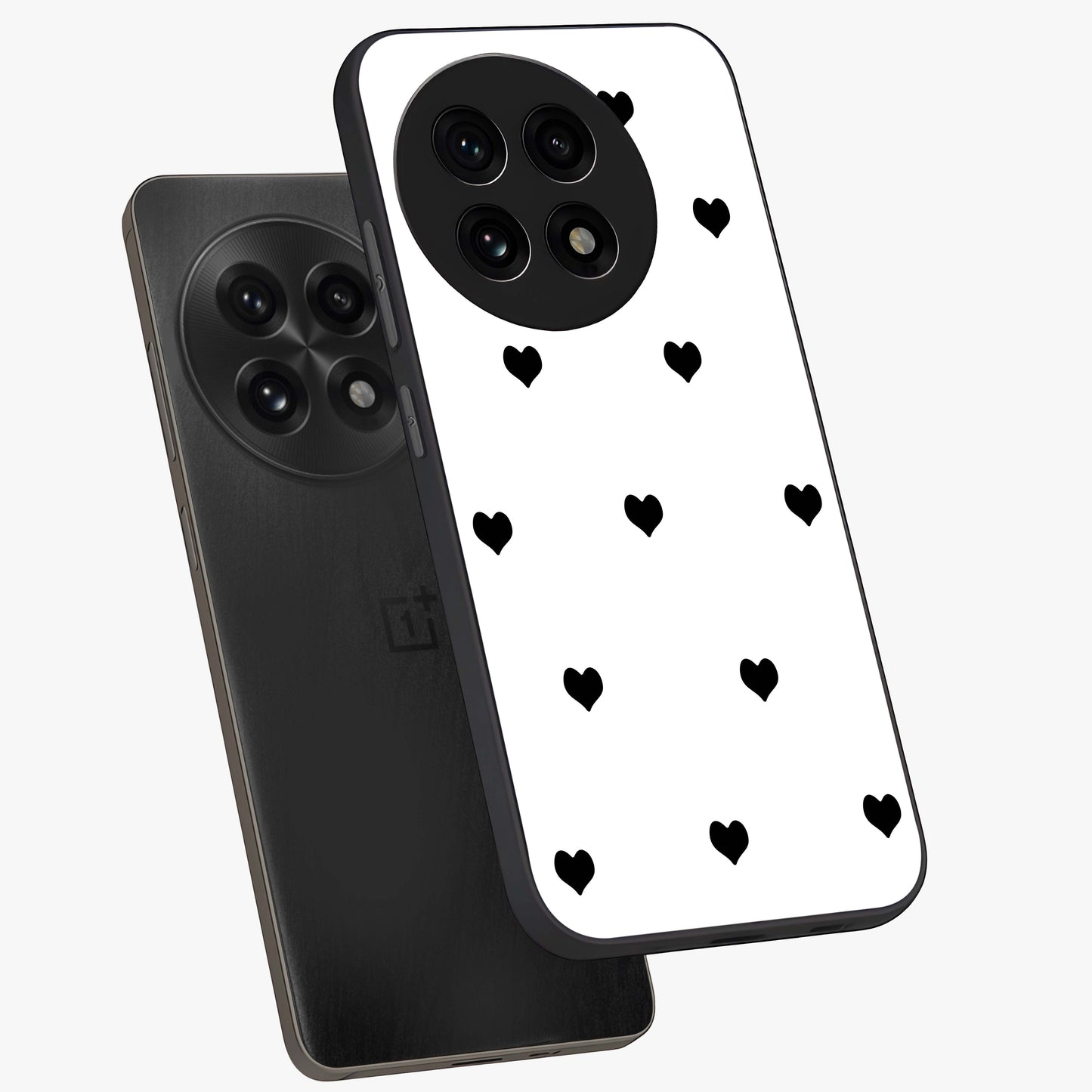 Cute Simple black Hearts Glass Case for 1+13R angled mockup showcasing glossy finish and bold shadow detailing