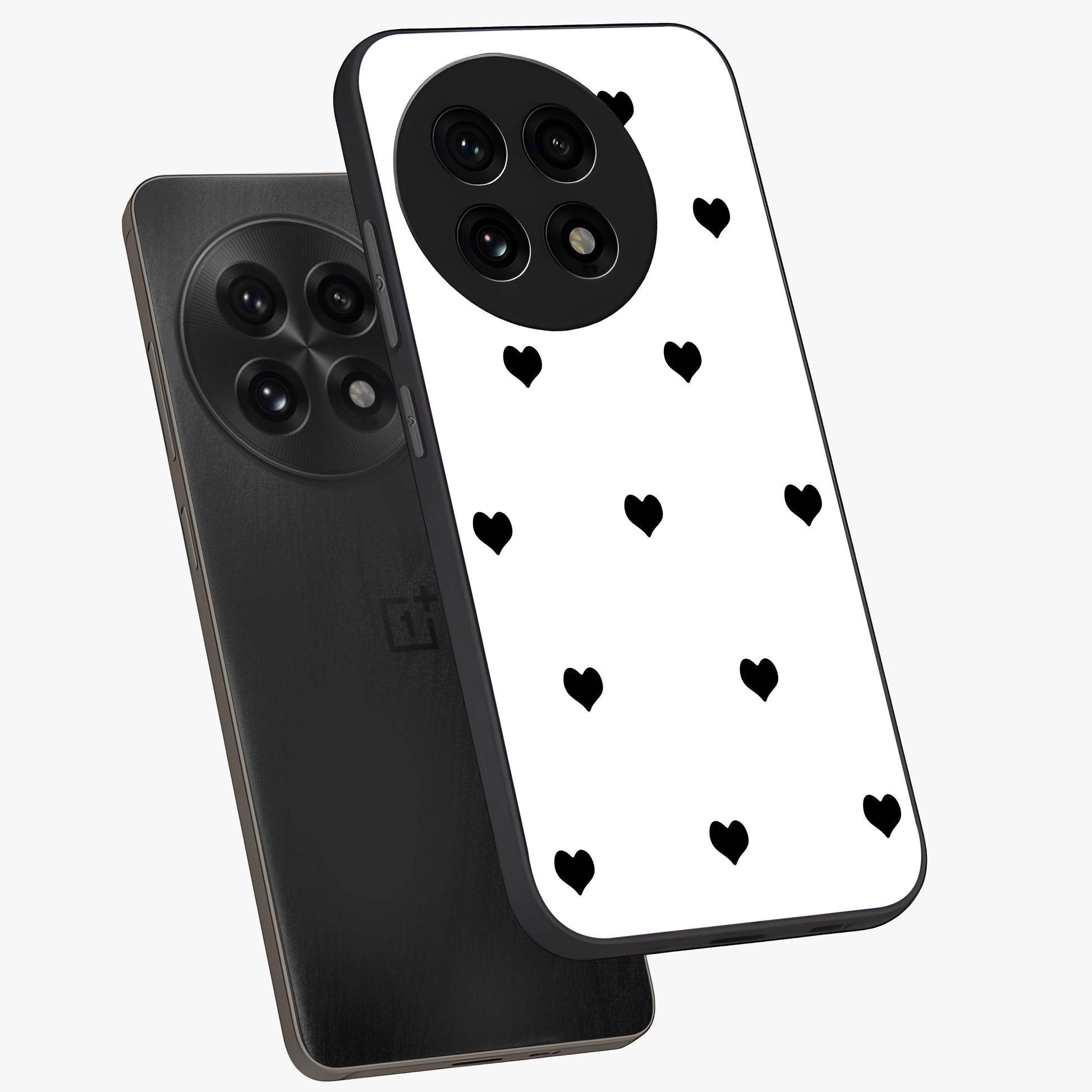 Cute Simple black Hearts Glass Case for 1+13R angled mockup showcasing glossy finish and bold shadow detailing