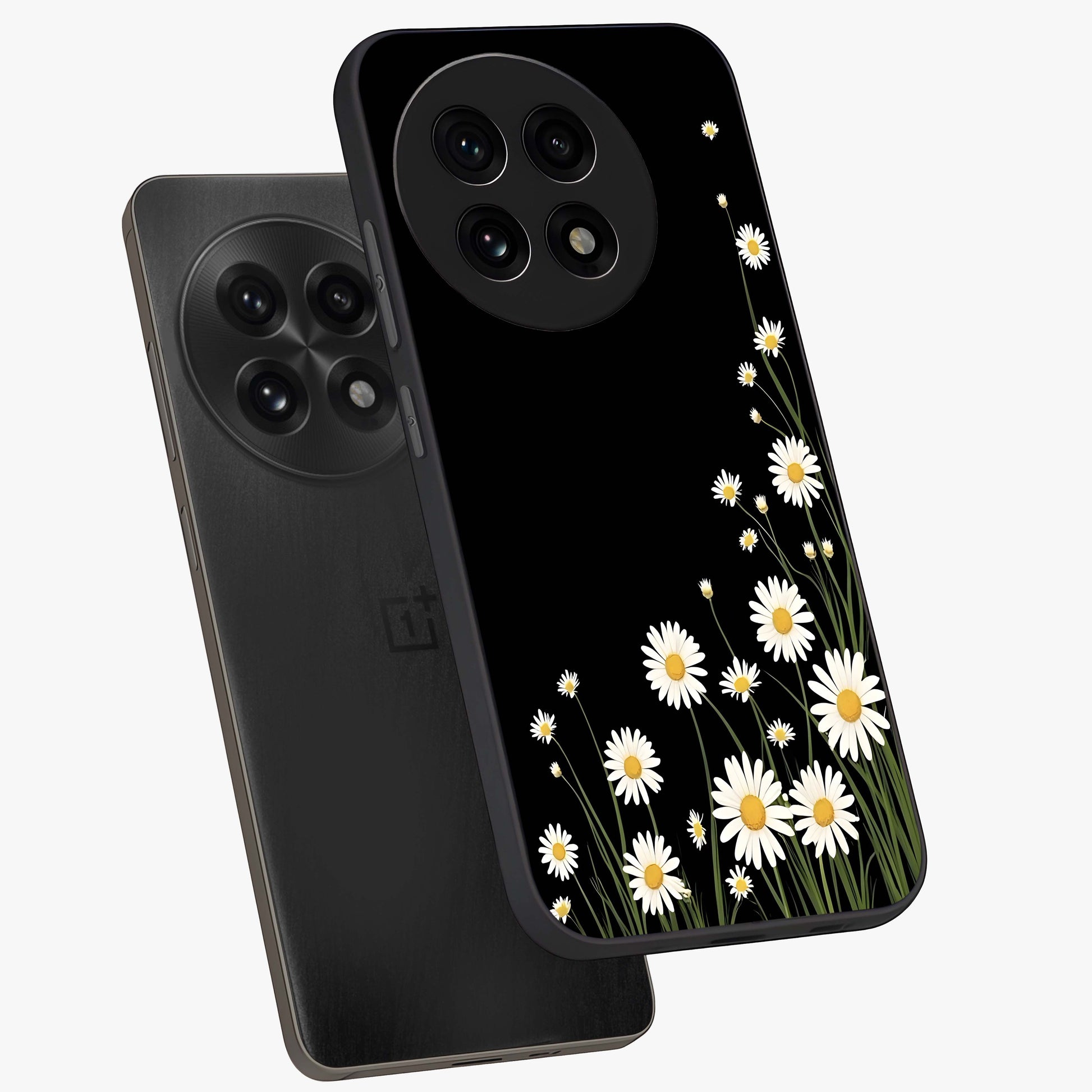 Daisy Cascade on Black Glass Case for 1+13R angled mockup showcasing glossy finish and bold floral contrast