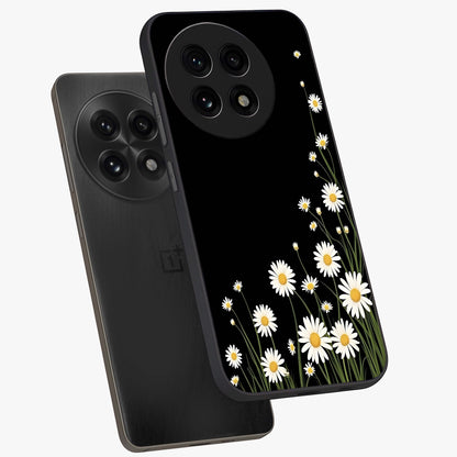 Daisy Cascade on Black Glass Case for 1+13R angled mockup showcasing glossy finish and bold floral contrast