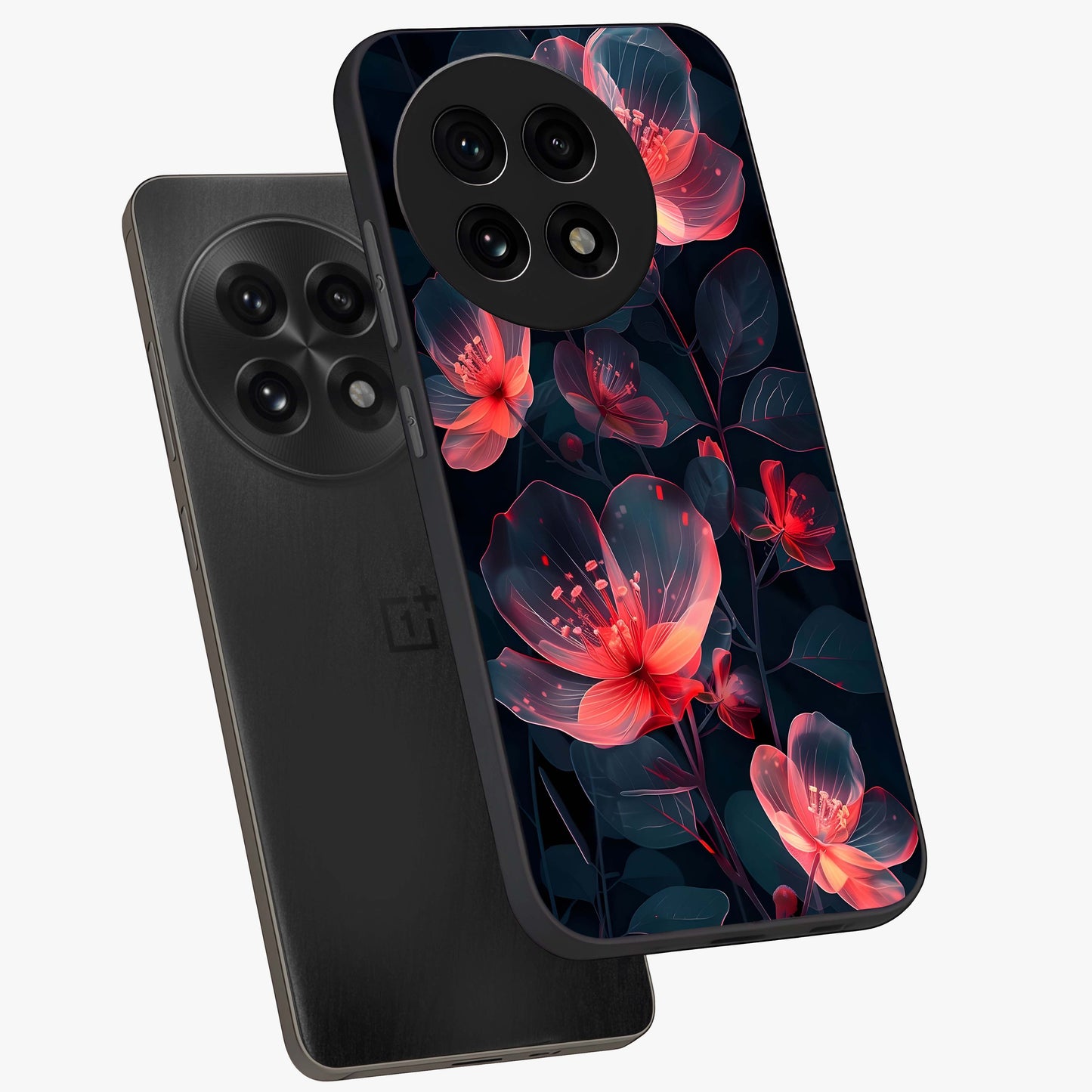 Dark Shade of Flower Glass Case for 1+13R angled mockup showcasing glossy finish and bold contrast detailing