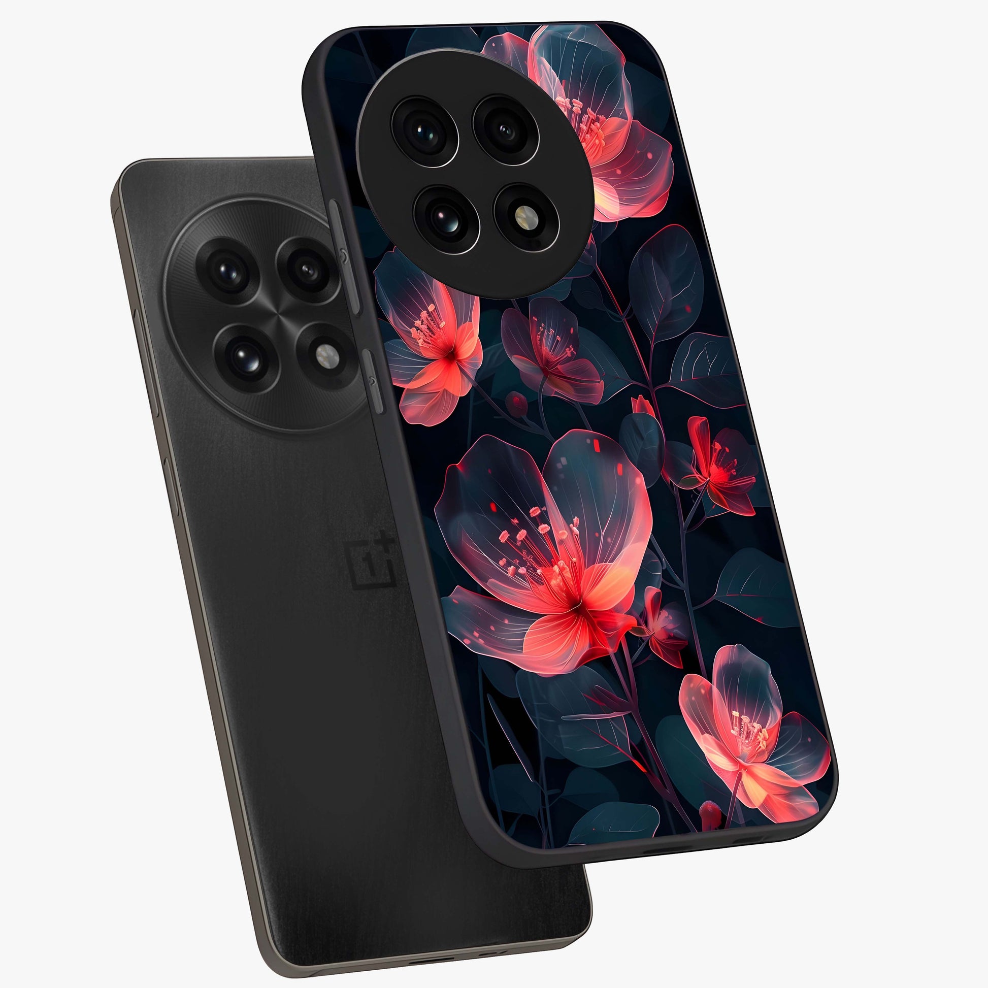 Dark Shade of Flower Glass Case for 1+13R angled mockup showcasing glossy finish and bold contrast detailing