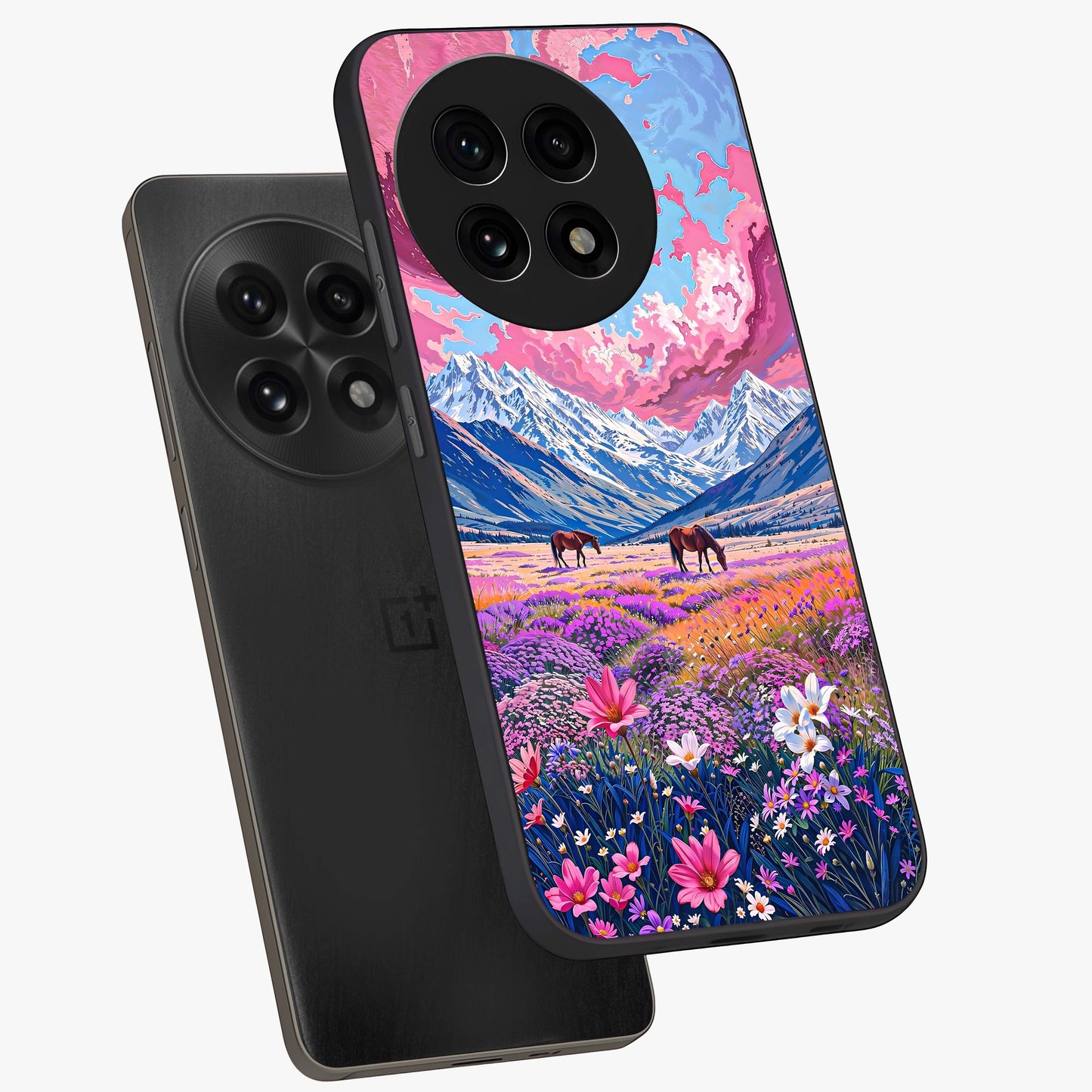 Dreamy Floral Pastures Glass Case for 1+13R angled mockup showcasing glossy finish and gentle bloom textures