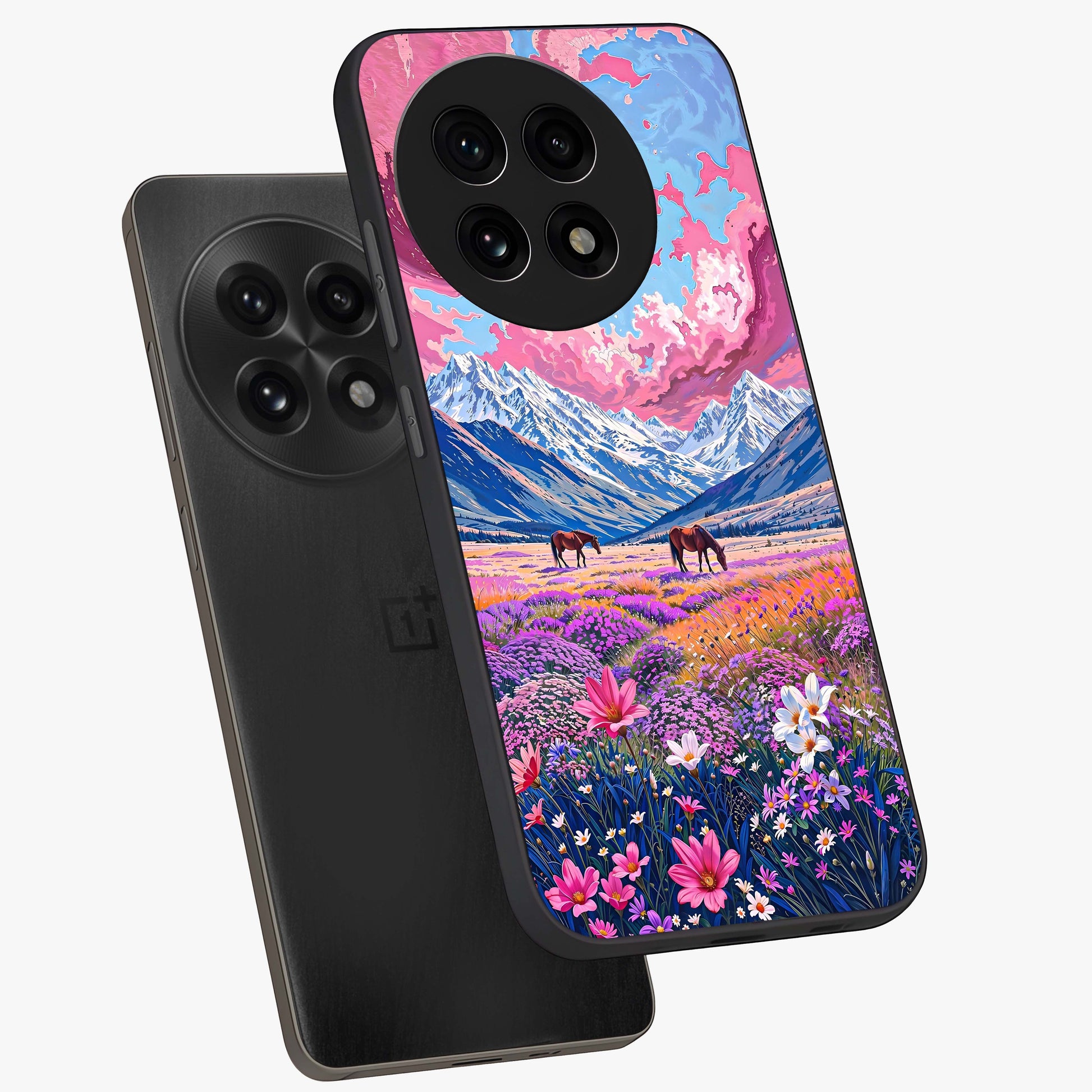 Dreamy Floral Pastures Glass Case for 1+13R angled mockup showcasing glossy finish and gentle bloom textures
