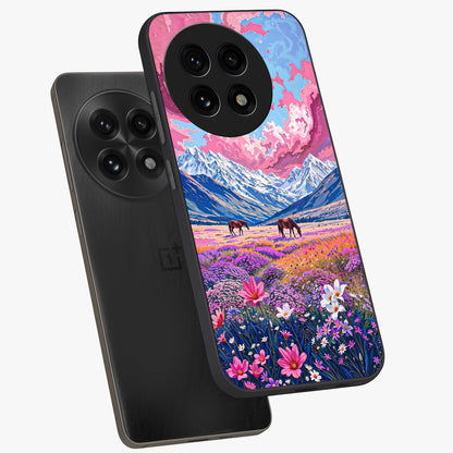 Dreamy Floral Pastures Glass Case for 1+13R angled mockup showcasing glossy finish and gentle bloom textures