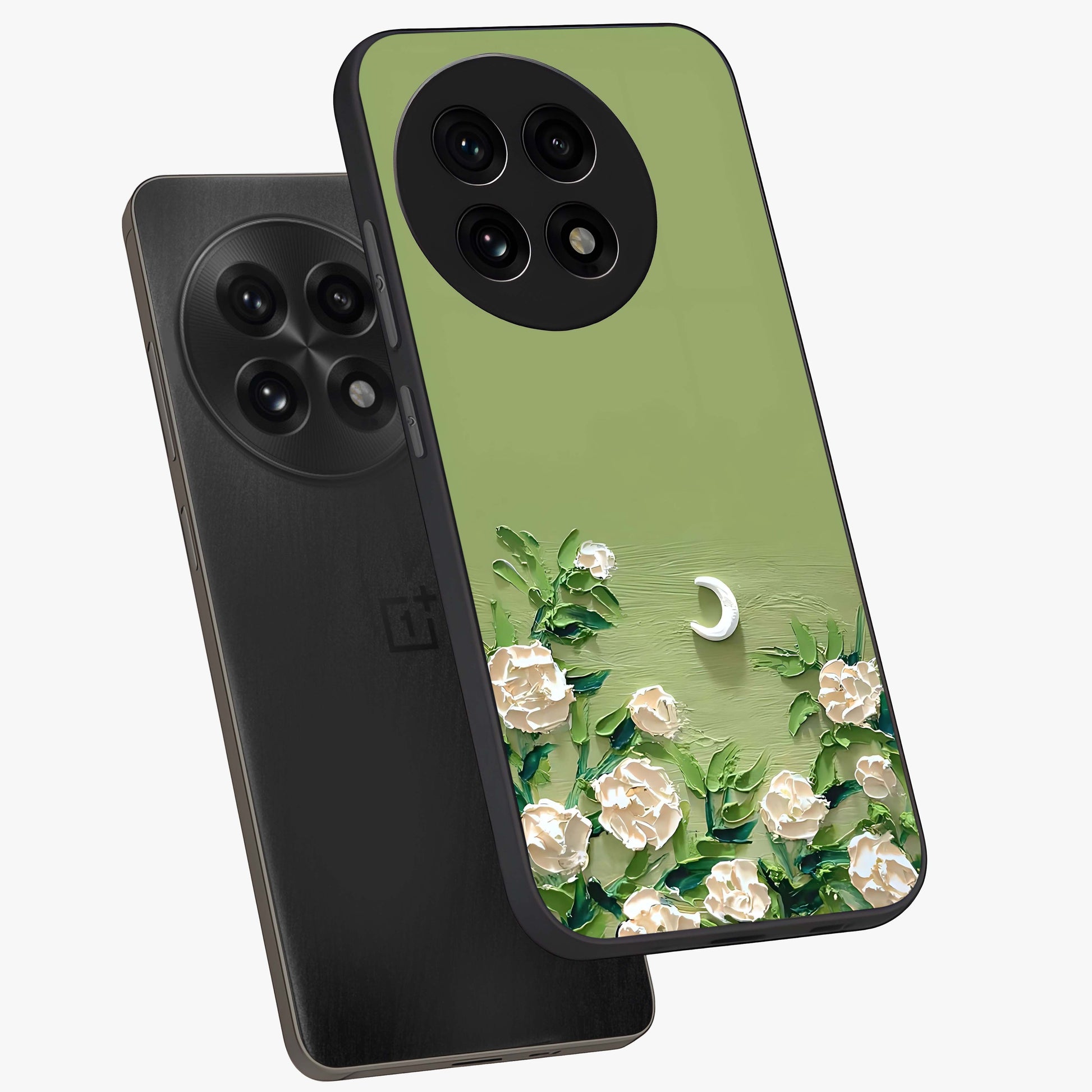 Emerald Bloom Calm Glass Case for 1+13R angled mockup showcasing glossy finish and rich green tones