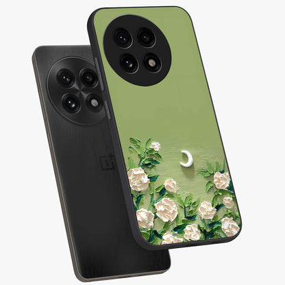 Emerald Bloom Calm Glass Case for 1+13R angled mockup showcasing glossy finish and rich green tones
