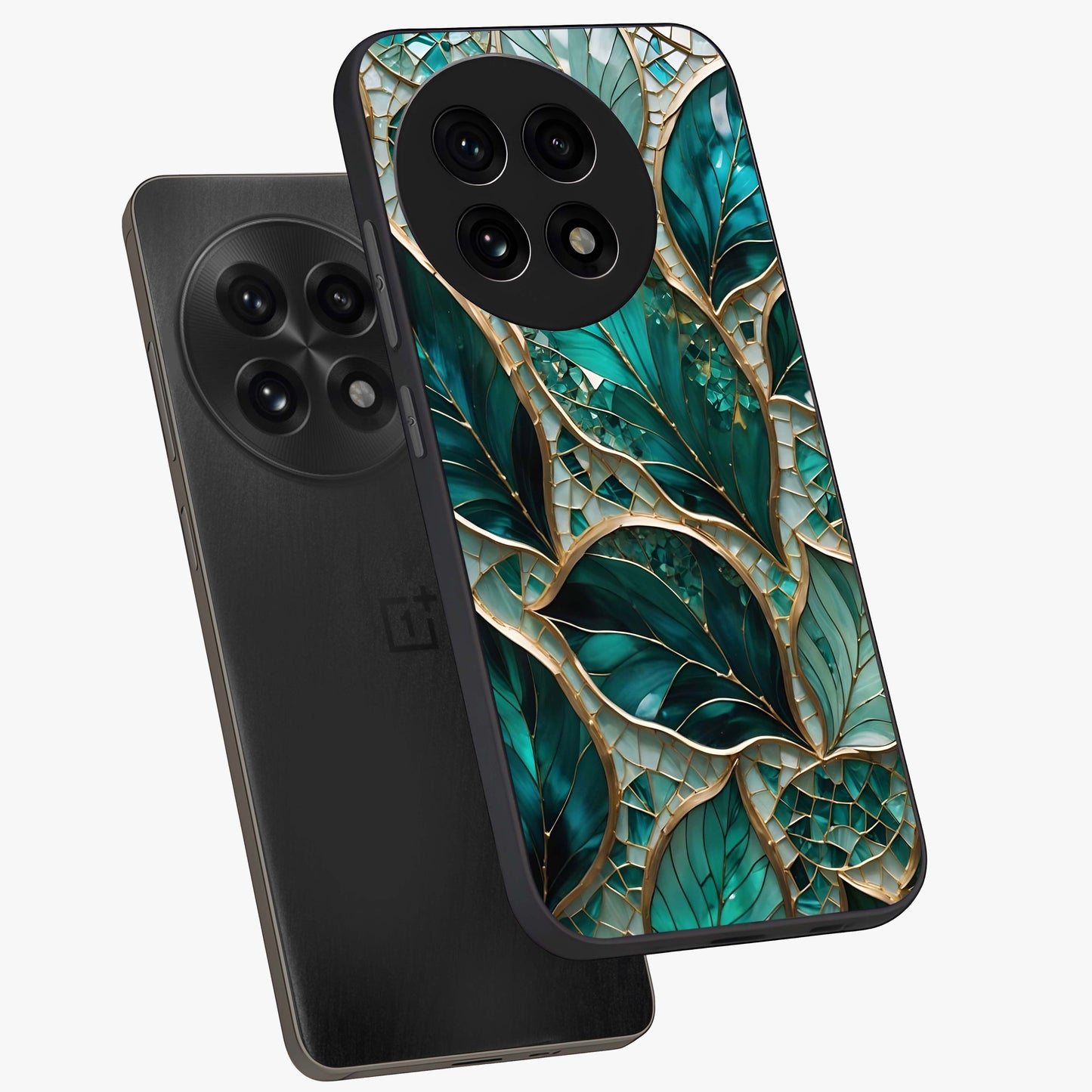 Emerald Leaf Glass Case for 1+13R angled mockup showcasing glossy finish and natural botanical tones