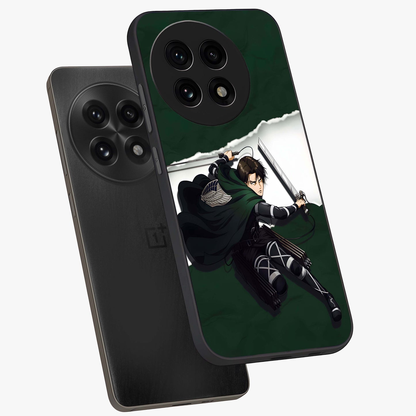 Emerald War Vanguard Glass Case for 1+13R angled mockup showcasing glossy finish and bold fantasy detailing