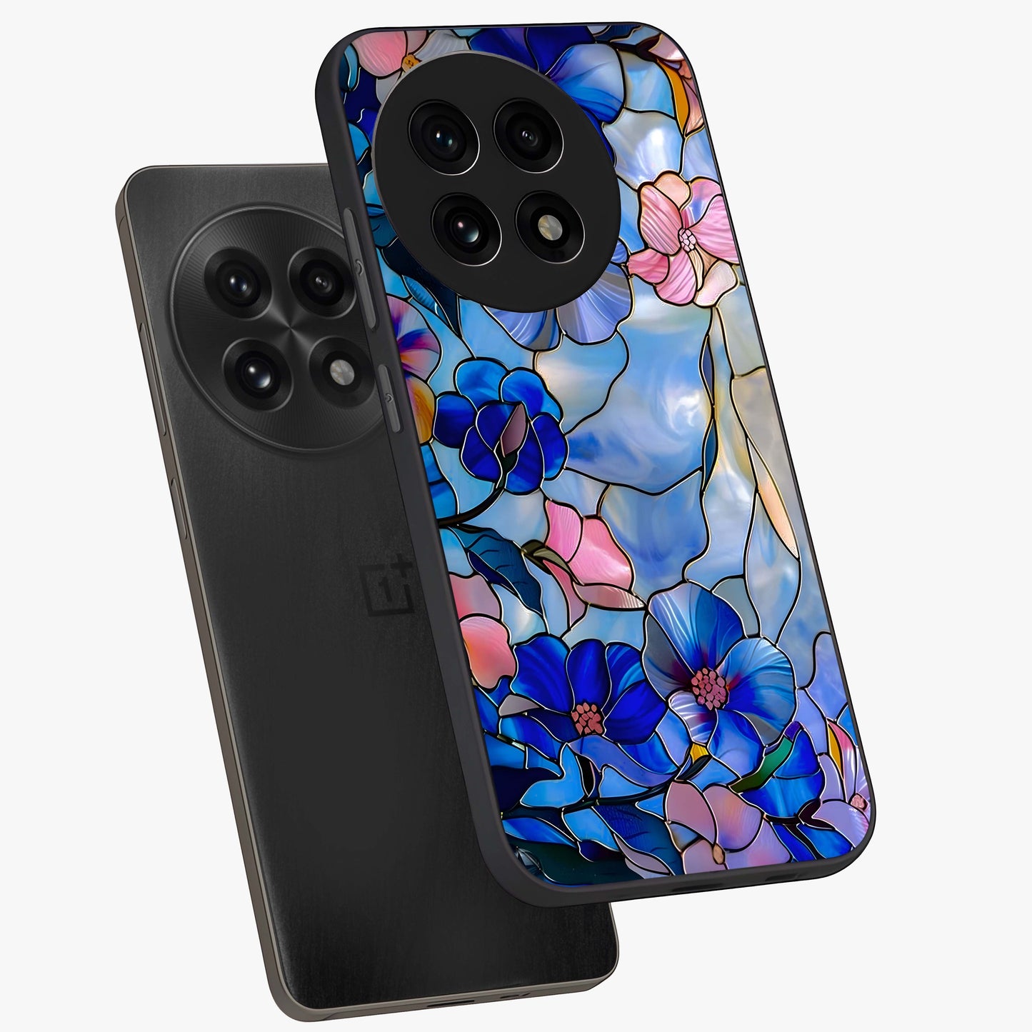 Eternal Floral Stained Glass Case for 1+13R angled mockup showcasing glossy finish and vibrant mosaic textures