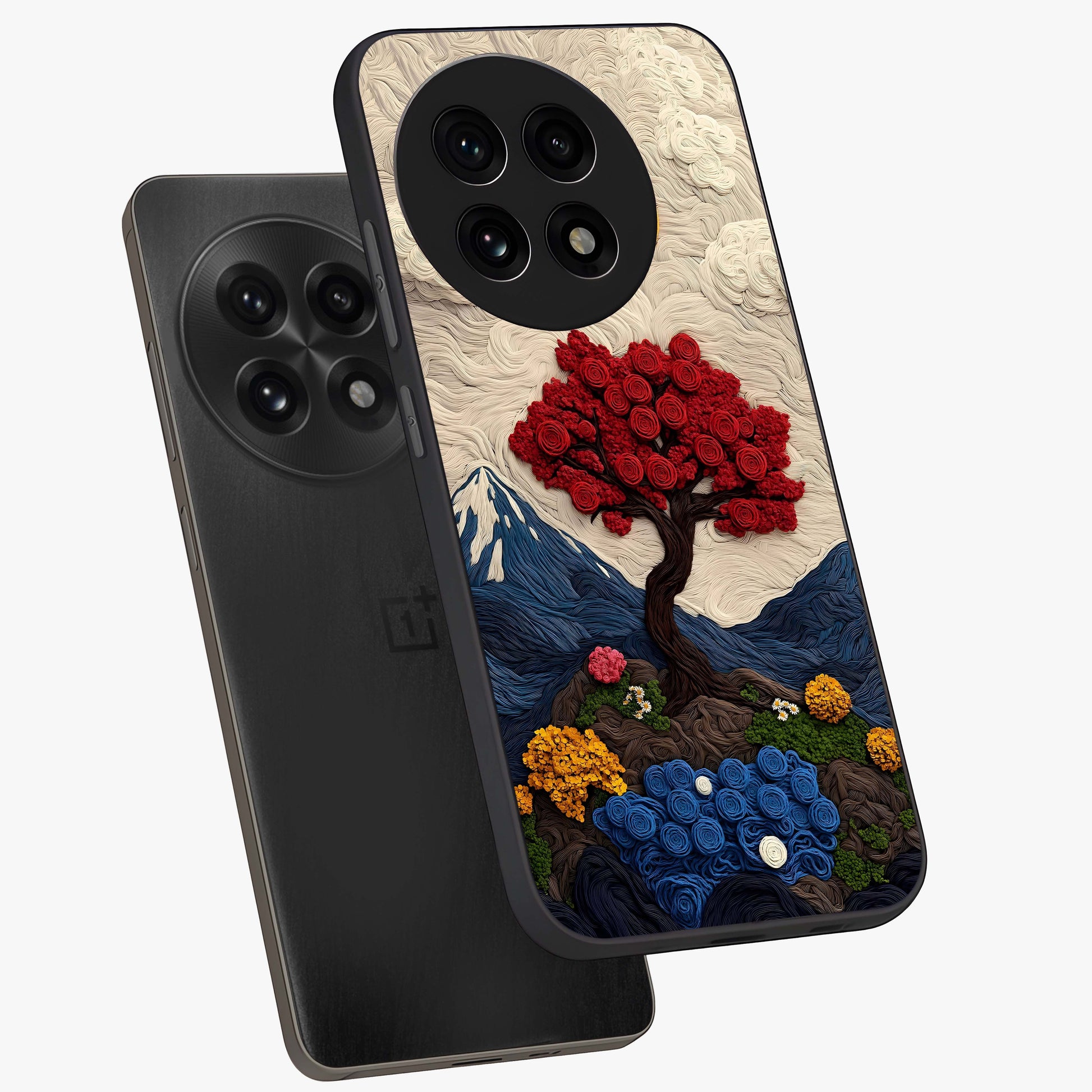 Eternal Nature Tapestry Glass Case for 1+13R angled mockup showcasing glossy finish and detailed botanical patterns