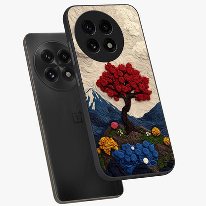 Eternal Nature Tapestry Glass Case for 1+13R angled mockup showcasing glossy finish and detailed botanical patterns