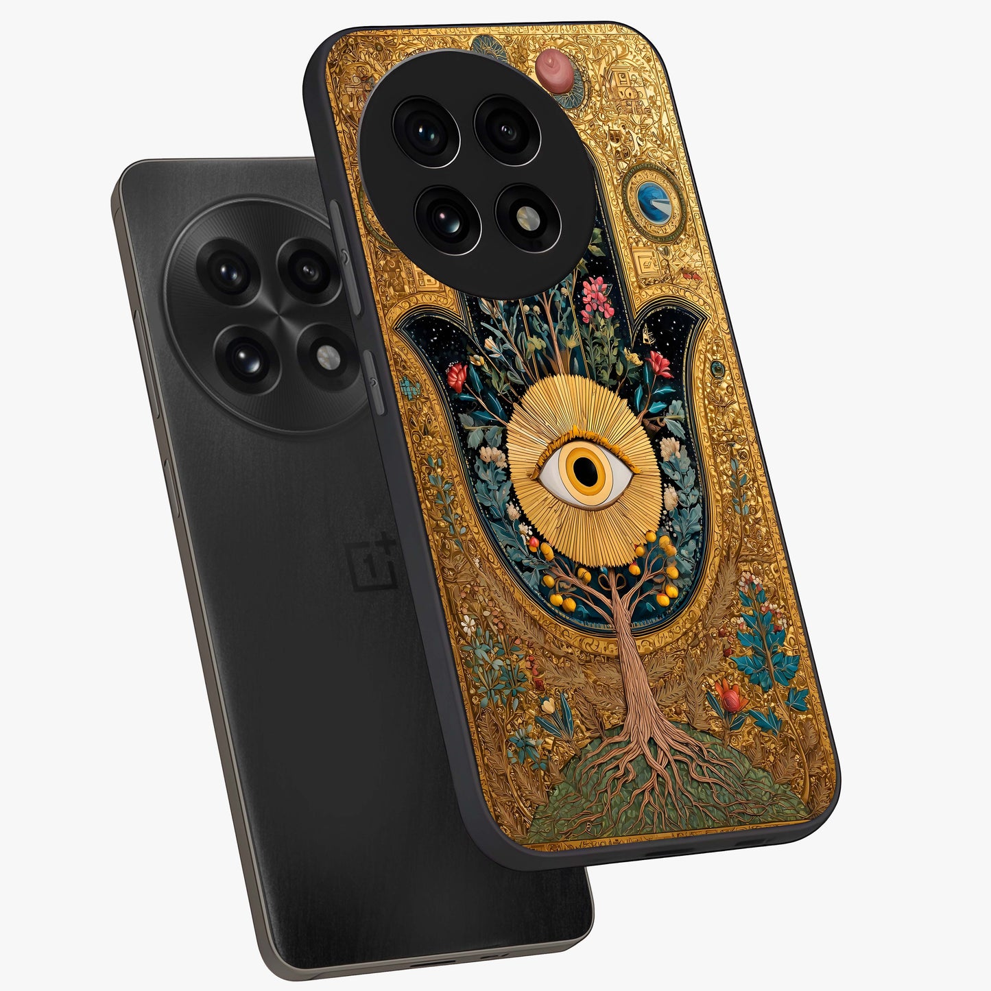 Ethereal Evil Eye Glass Case for 1+13R angled mockup showcasing glossy finish and celestial blue tones