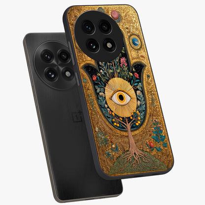 Ethereal Evil Eye Glass Case for 1+13R angled mockup showcasing glossy finish and celestial blue tones