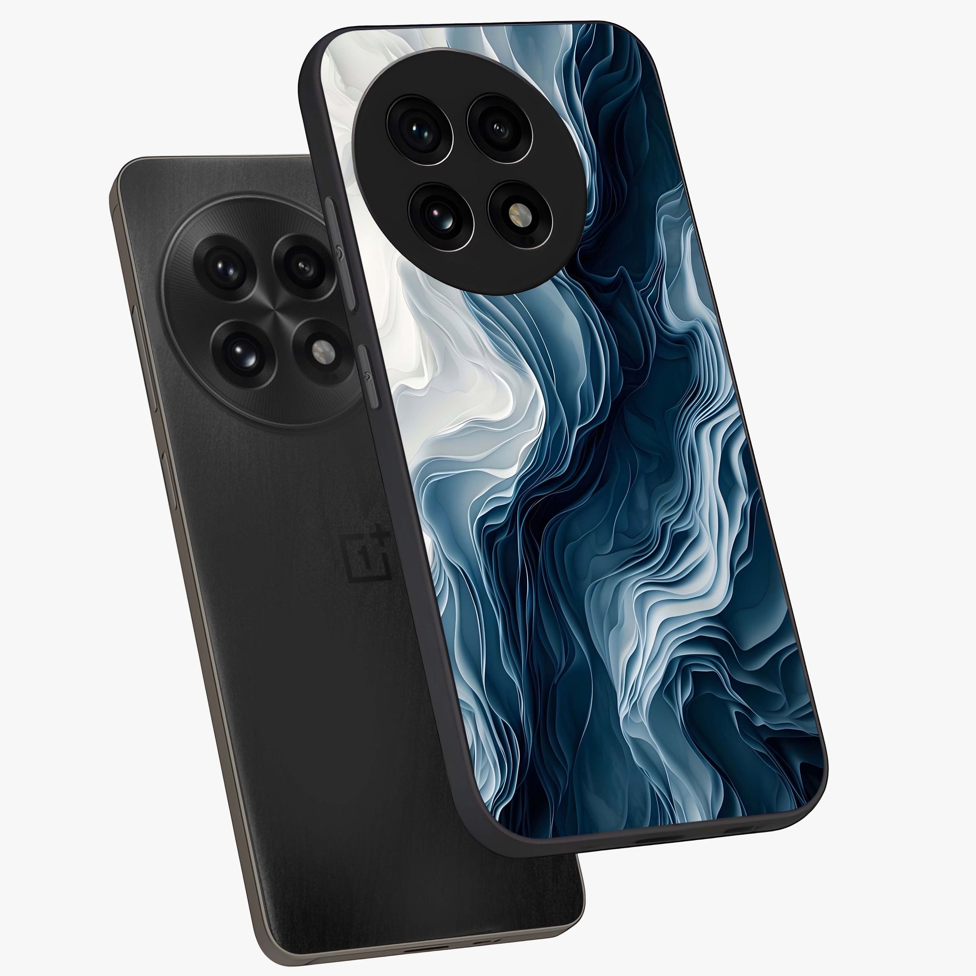 Ethereal Paper Marble Glass Case for 1+13R angled mockup showcasing glossy finish and soft blended textures