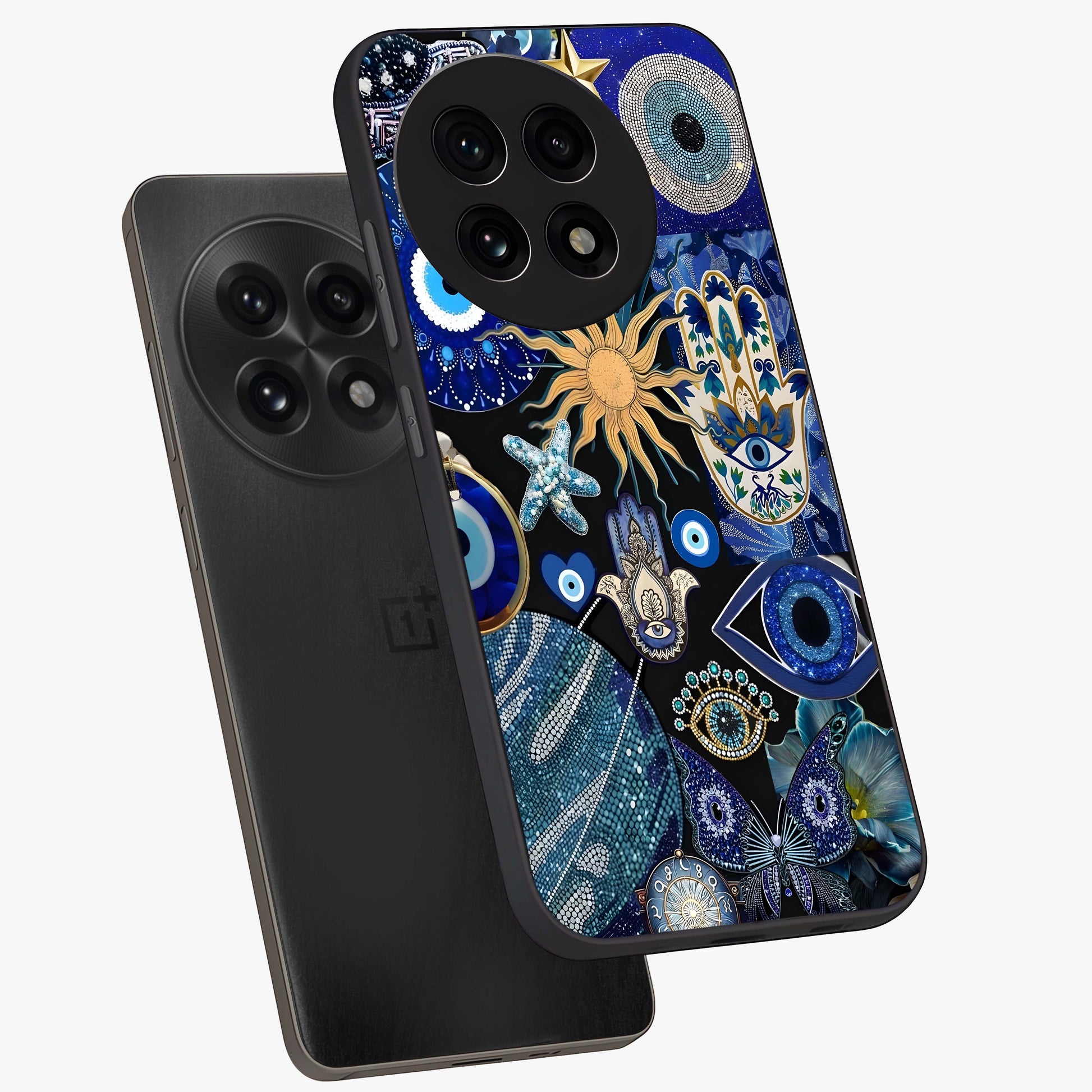 Evil Eye Charm Mix Glass Case for 1+13R angled mockup showcasing glossy finish and bold blue tones