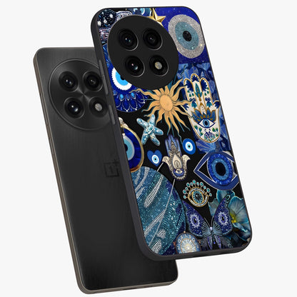 Evil Eye Charm Mix Glass Case for 1+13R angled mockup showcasing glossy finish and bold blue tones