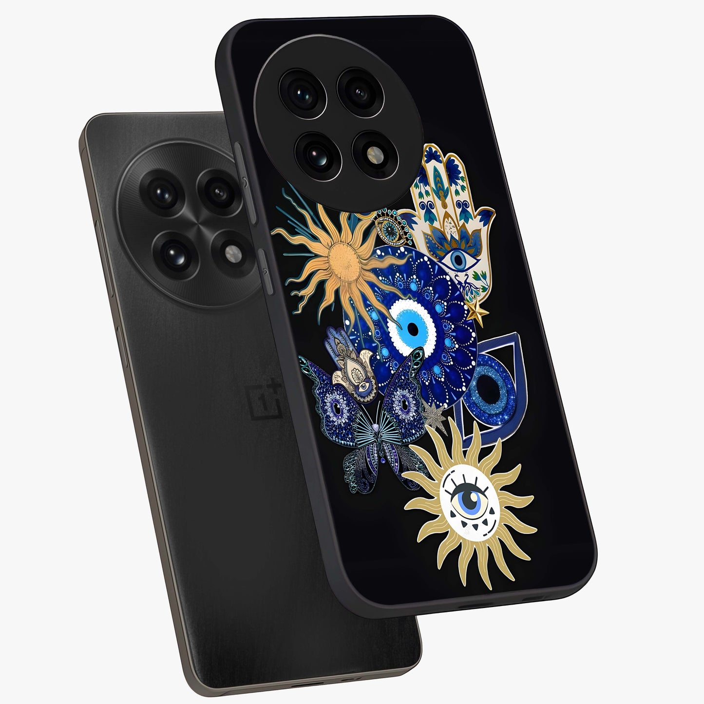 Evil Eye Charm Vibes Glass Case for 1+13R angled mockup showcasing glossy finish and protective symbol detailing