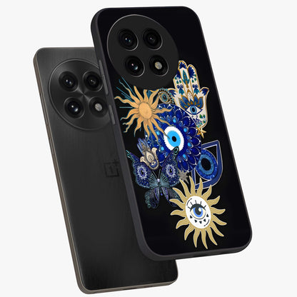 Evil Eye Charm Vibes Glass Case for 1+13R angled mockup showcasing glossy finish and protective symbol detailing