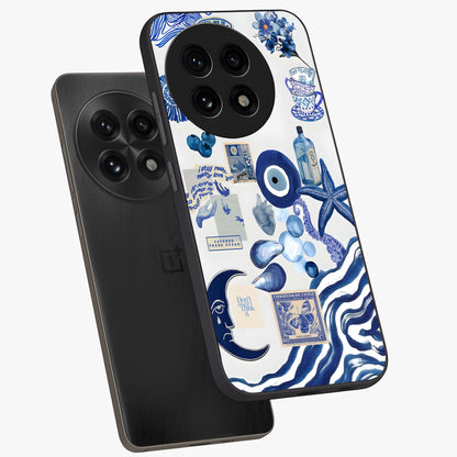 Evil Eyes Dark Blue Glass Case for 1+13R angled mockup showcasing glossy finish and rich navy tones