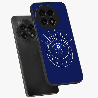 Evil Eye With Blue Themed Collage Glass Case for 1+13R angled mockup showcasing glossy finish and layered blue textures