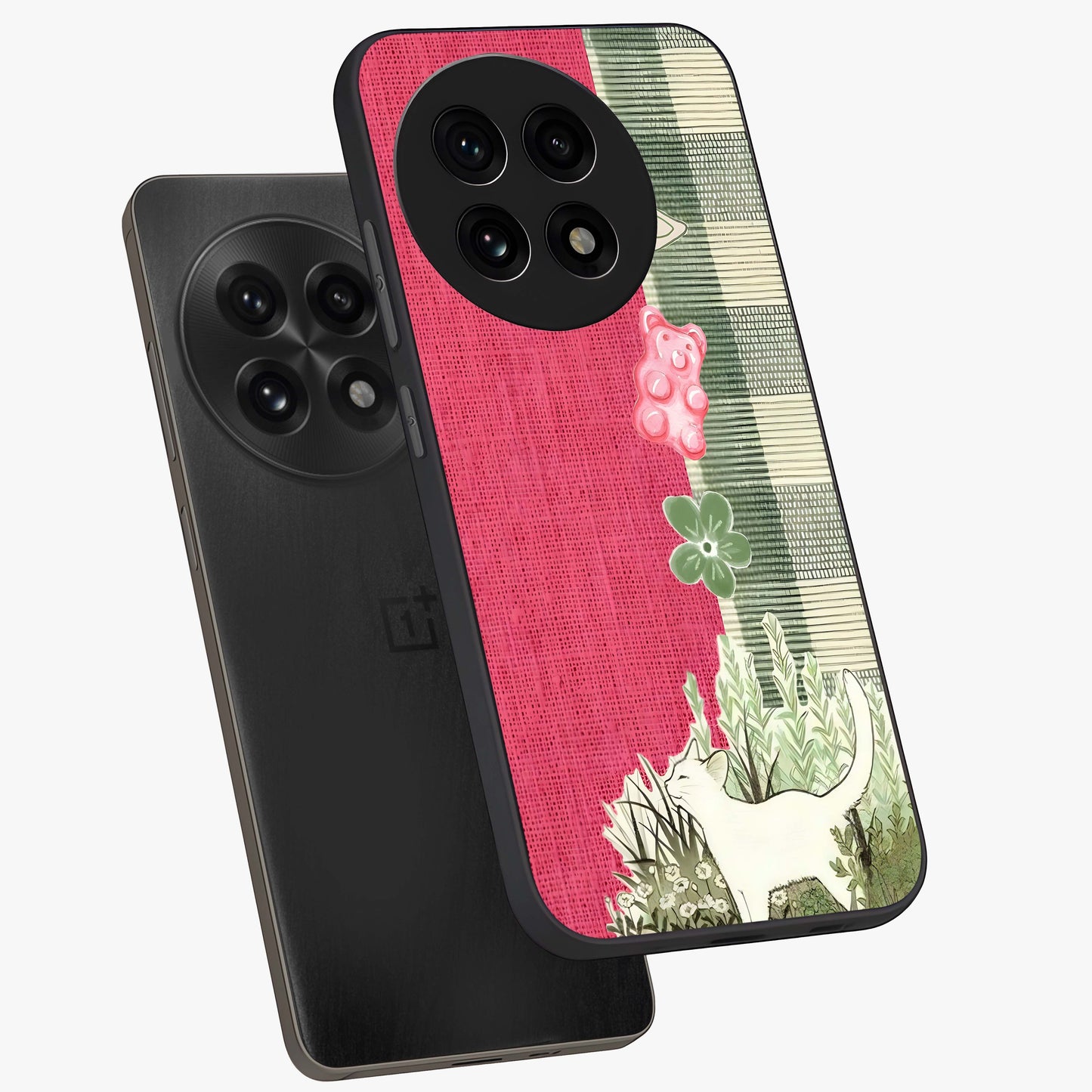 Fabric Patterns Glass Case for 1+13R angled mockup showcasing glossy finish and intricate fabric detailing