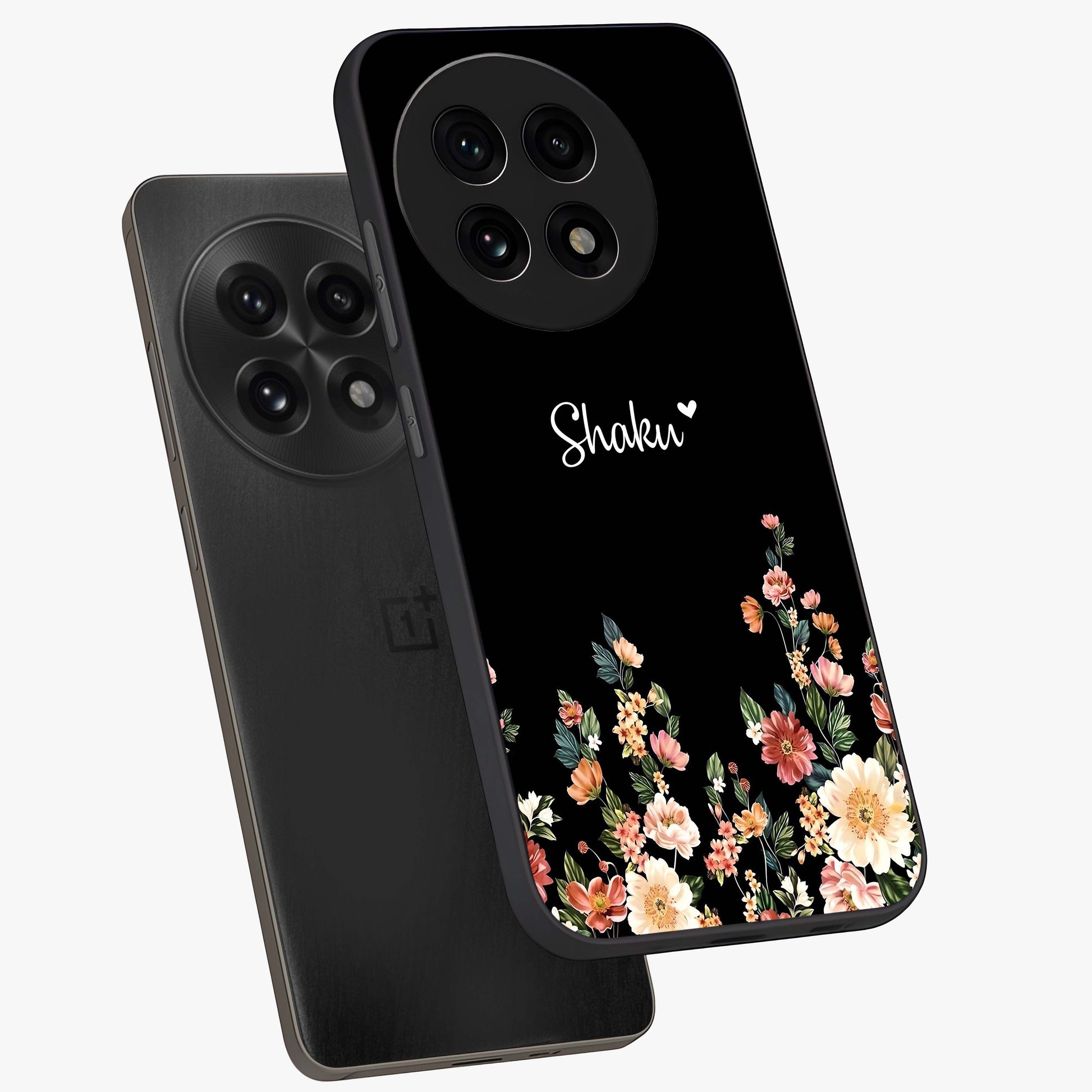 Floral Design With a Custom Personalized Name Glass Case for 1+13R angled mockup showcasing glossy finish and elegant bloom detailing