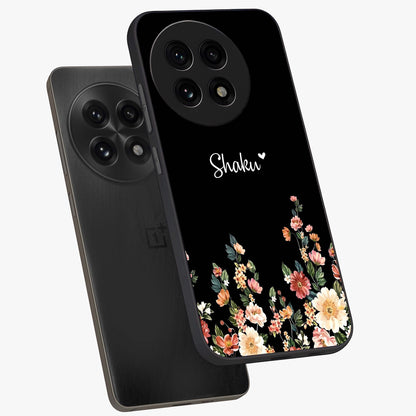 Floral Design With a Custom Personalized Name Glass Case for 1+13R angled mockup showcasing glossy finish and elegant bloom detailing