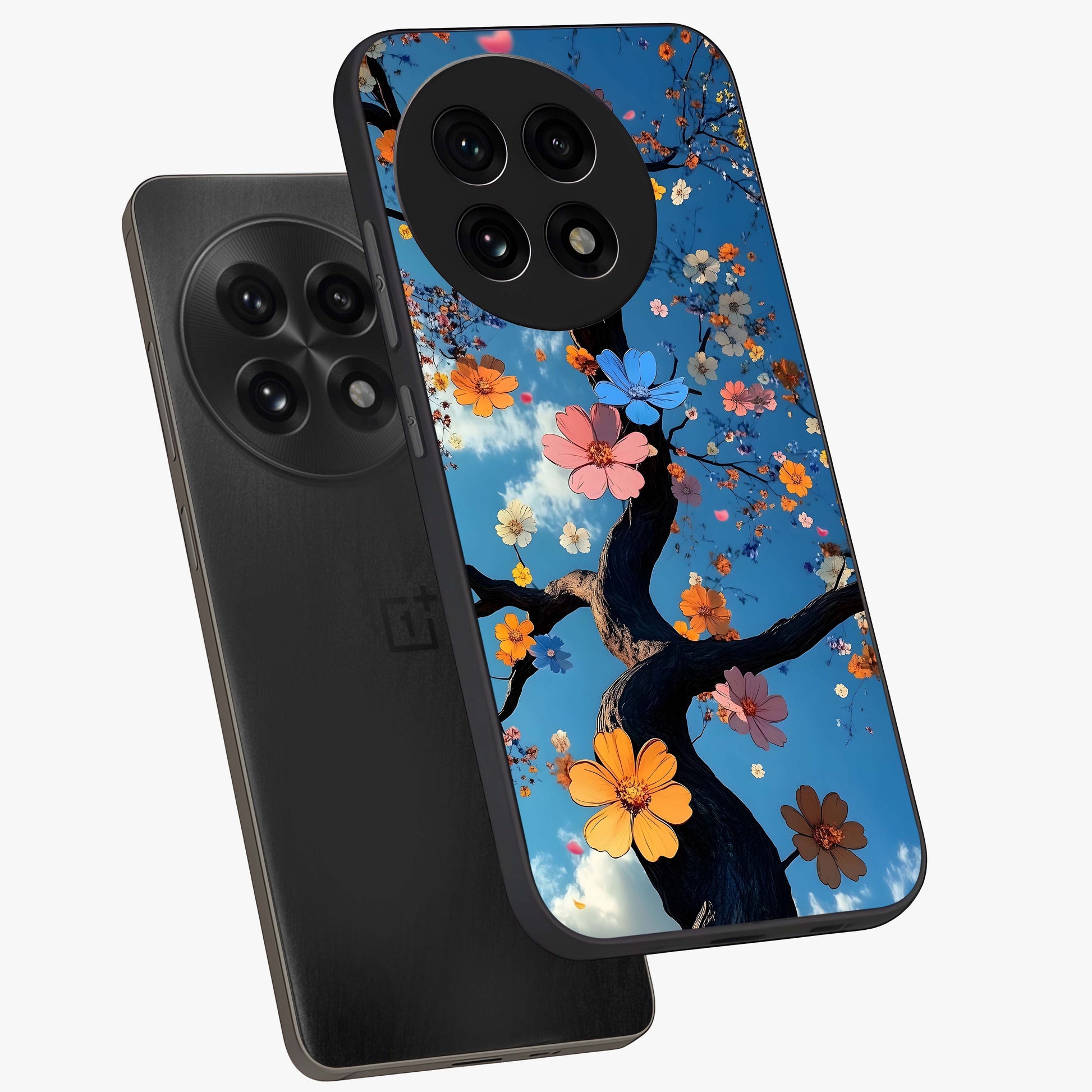 Floral Tree Glass Case for 1+13R angled mockup showcasing glossy finish and detailed branch textures
