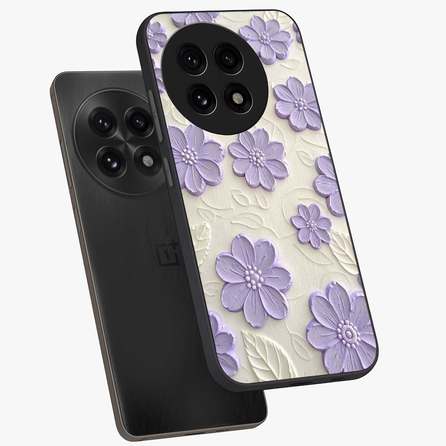 Floral Wall Art With Purple Flowers Glass Case for 1+13R angled mockup showcasing glossy finish and rich violet tones