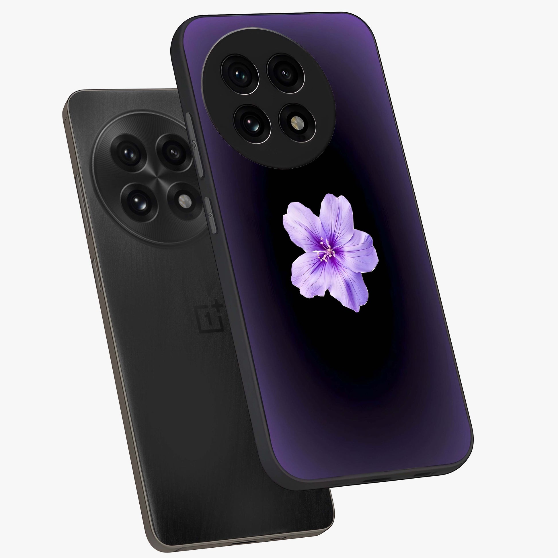 Flower on Soft Violet Gradient Glass Case for 1+13R angled mockup showcasing glossy finish and pastel purple tones