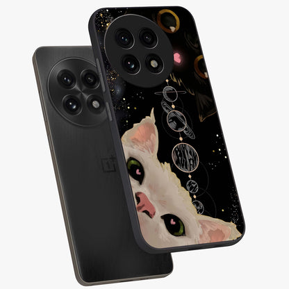 Galactic Cat Glass Case for 1+13R angled mockup showcasing glossy finish and luminous space detailing