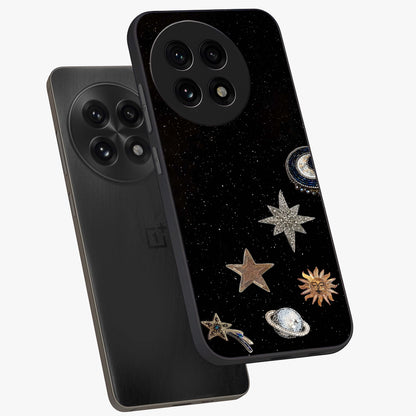 Galactic Charm Glow Glass Case for 1+13R angled mockup showcasing glossy glass finish and luminous galaxy tones