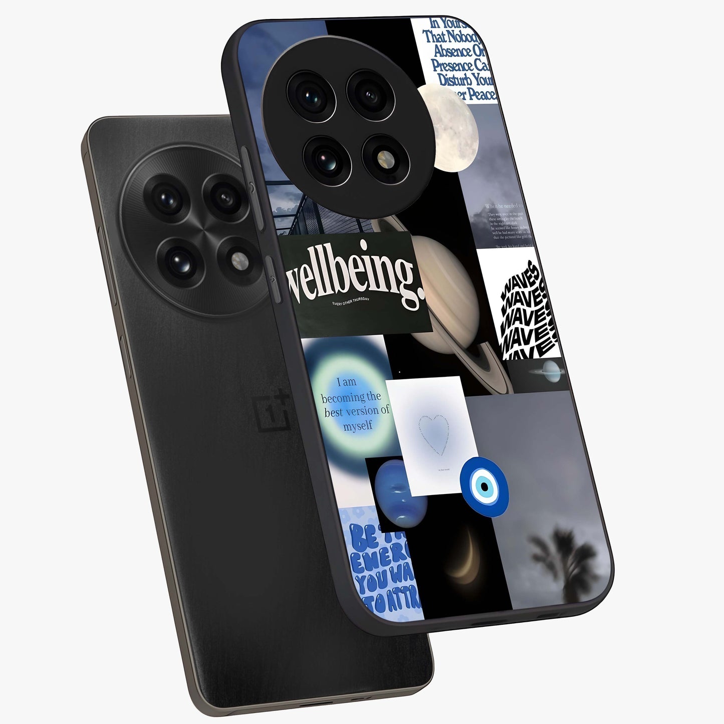 Galactic Energy Collage Glass Case for 1+13R angled mockup showcasing glossy finish and vibrant space textures
