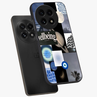 Galactic Energy Collage Glass Case for 1+13R angled mockup showcasing glossy finish and vibrant space textures