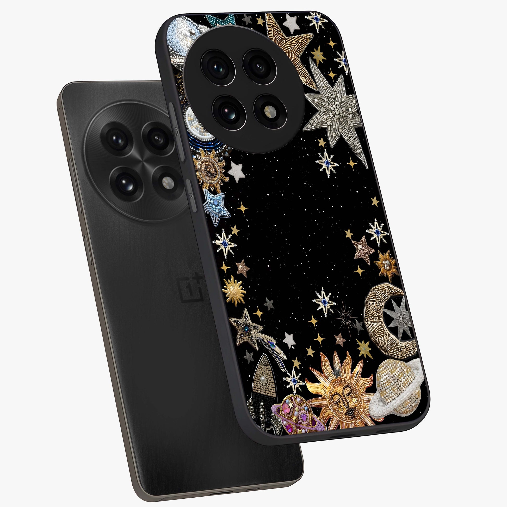 Galactic Jewel Stars Glass Case for 1+13R angled mockup showcasing glossy finish and radiant cosmic tones
