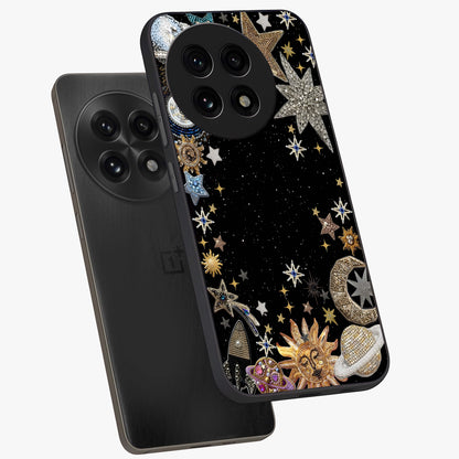 Galactic Jewel Stars Glass Case for 1+13R angled mockup showcasing glossy finish and radiant cosmic tones