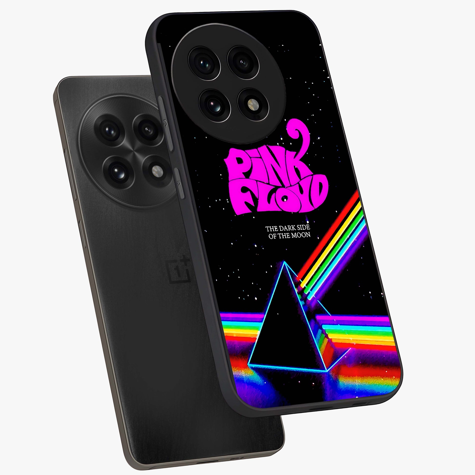 Galactic Light Frequency Glass Case for 1+13R angled mockup showcasing glossy finish and vibrant neon detailing