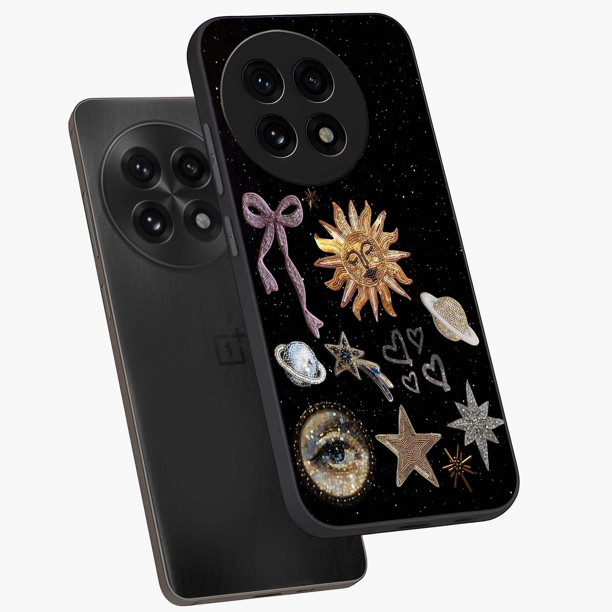 Galactic Sun Charm Glass Case for 1+13R angled mockup showcasing glossy finish and warm galaxy tones