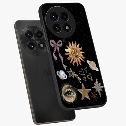 Galactic Sun Charm Glass Case for 1+13R angled mockup showcasing glossy finish and warm galaxy tones