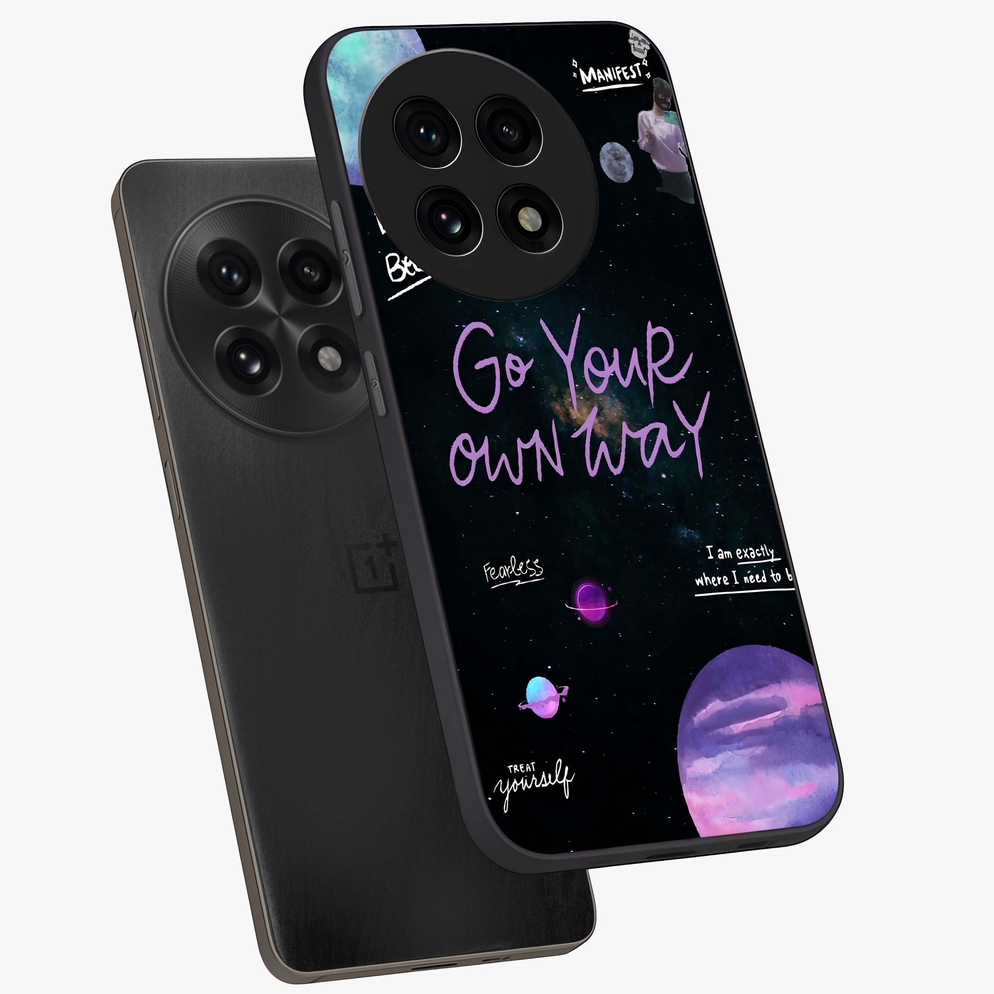 Galactic Vibes Universe Glass Case for 1+13R angled mockup showcasing glossy finish and deep space gradients