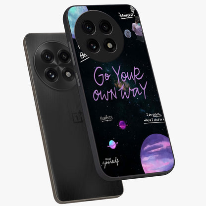 Galactic Vibes Universe Glass Case for 1+13R angled mockup showcasing glossy finish and deep space gradients