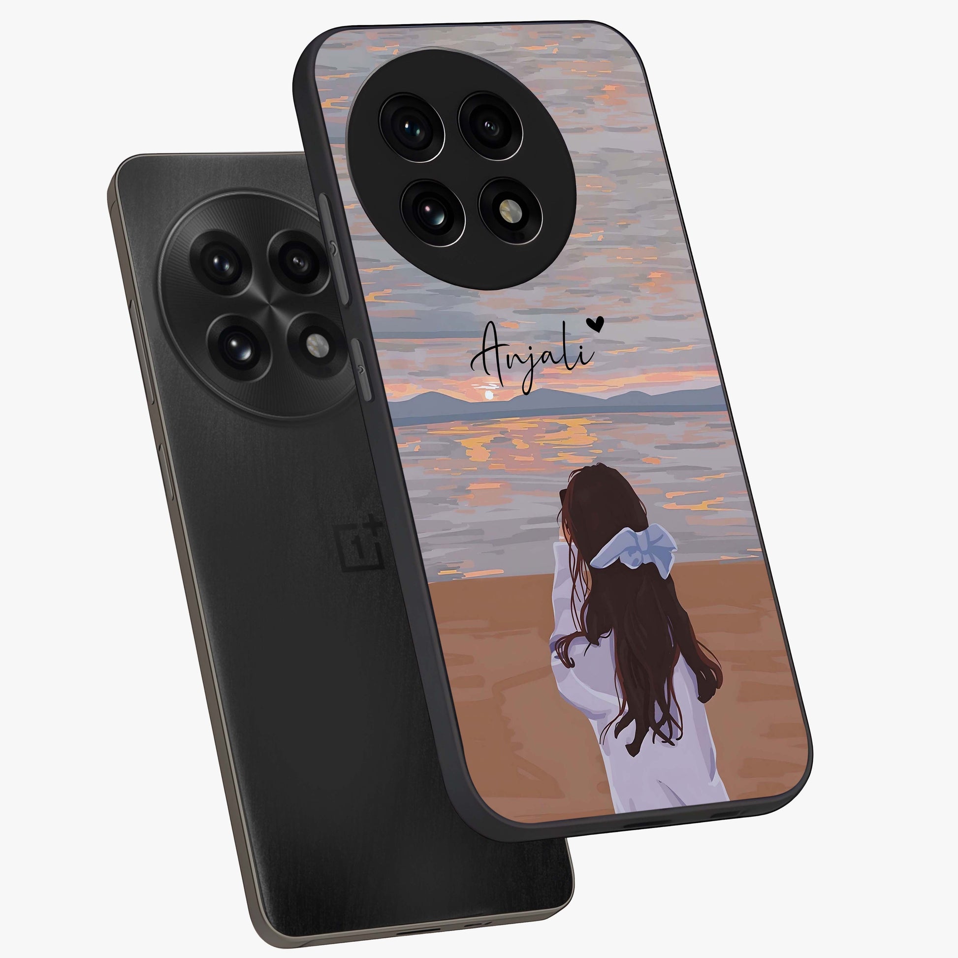 Girl Facing Sunset Beach Glass Case for 1+13R angled mockup showcasing glossy glass finish and warm beach tones