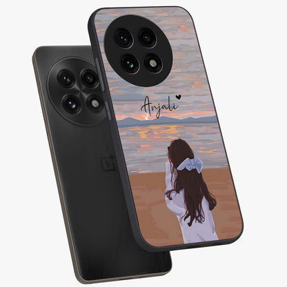 Girl Facing Sunset Beach Glass Case for 1+13R angled mockup showcasing glossy glass finish and warm beach tones