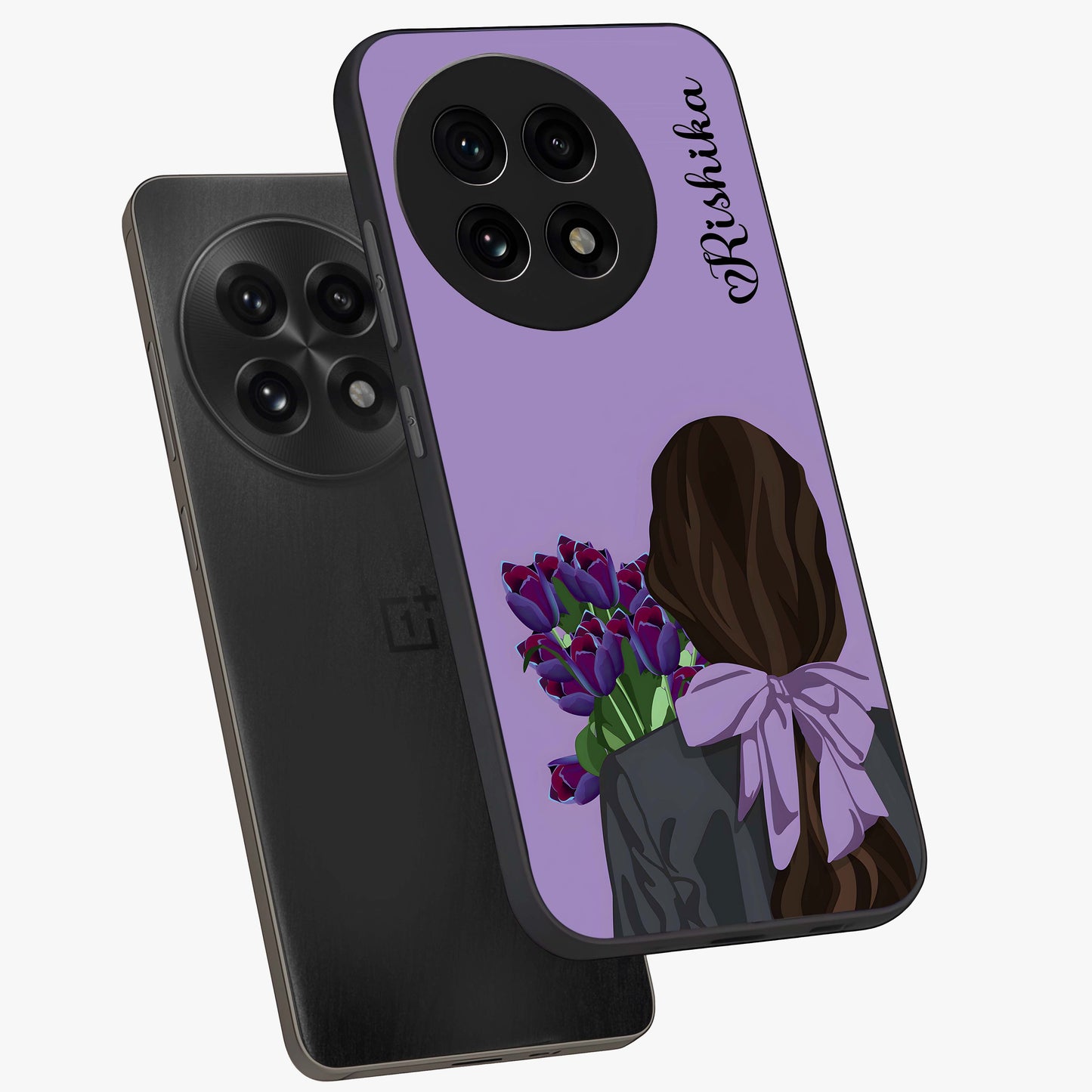 Girl Holding Flowers Glass Case for 1+13R angled mockup showcasing glossy finish and pastel bloom tones