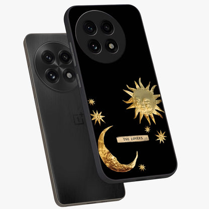 Golden Crescent Mood Glass Case for 1+13R angled mockup showcasing glossy finish and subtle night gradients