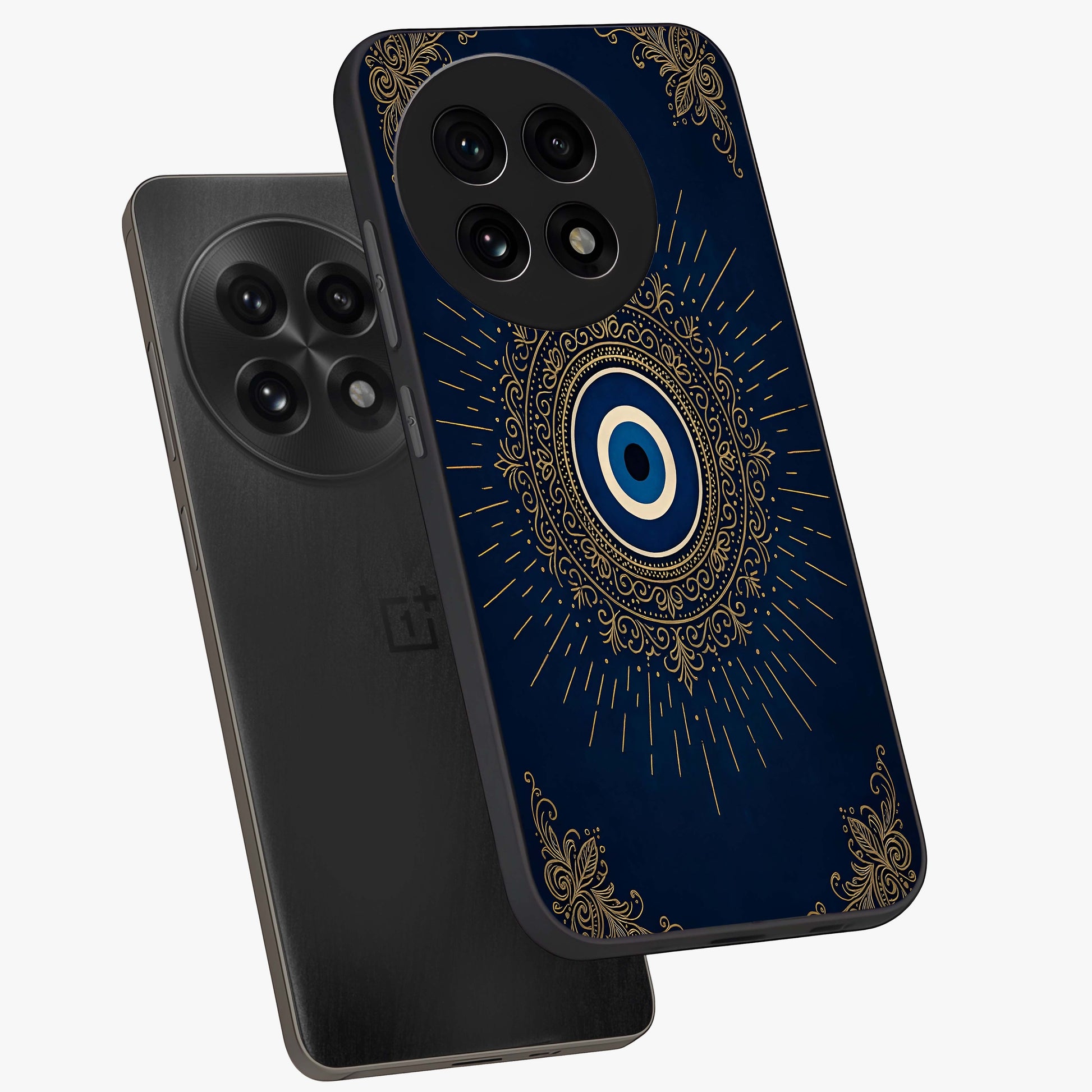 Golden Heart Glow Glass Case for 1+13R angled mockup showcasing glossy finish and radiant warm tones