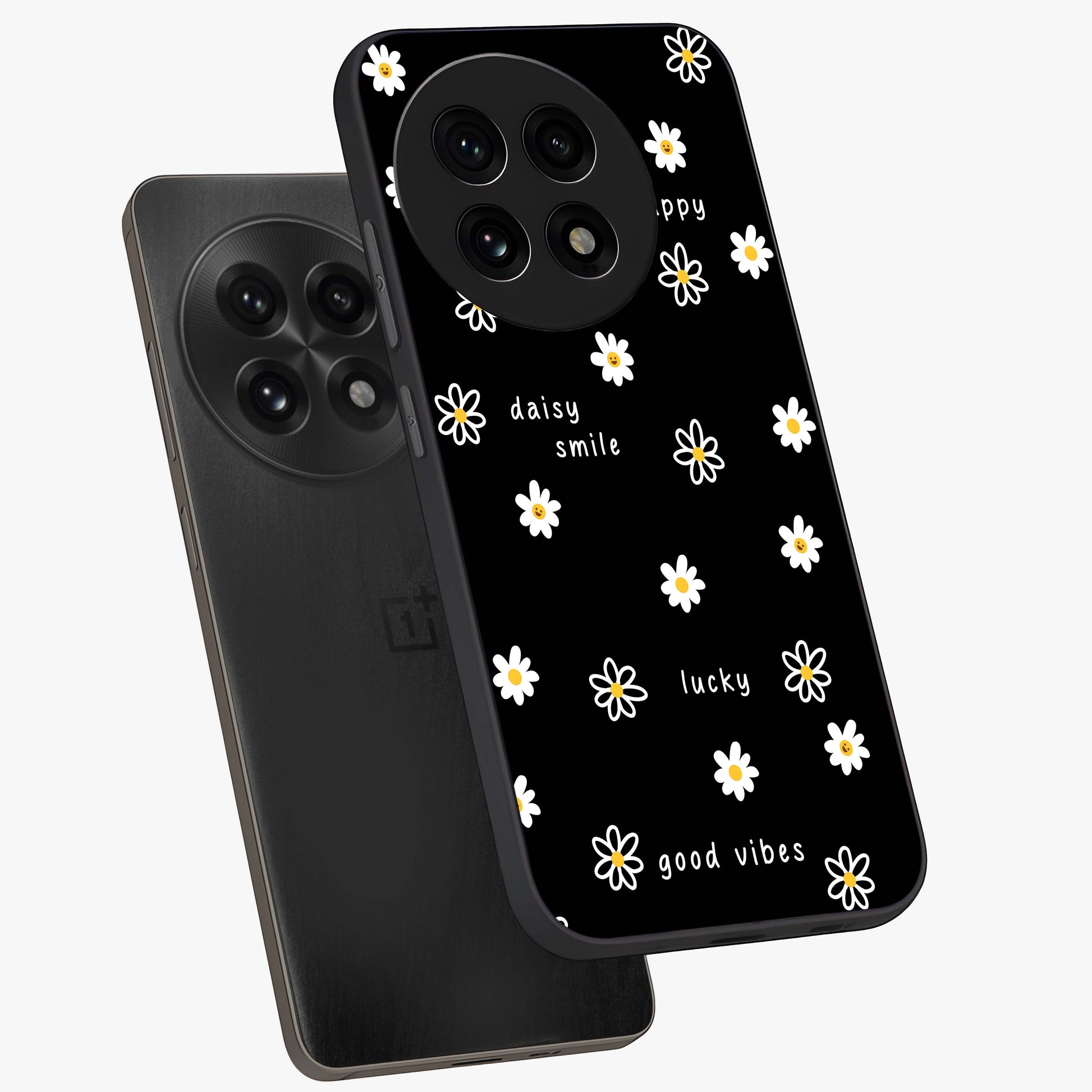 Good Vibes Daisy Black Pattern Glass Case for 1+13R angled mockup showcasing glossy finish and bold floral contrast