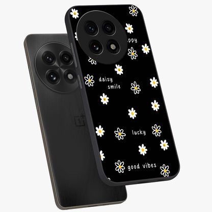 Good Vibes Daisy Black Pattern Glass Case for 1+13R angled mockup showcasing glossy finish and bold floral contrast