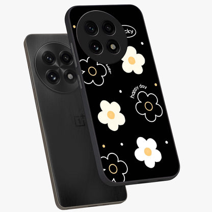 Happy Day Daisy Glass Case for 1+13R angled mockup showcasing glossy finish and vibrant bloom tones